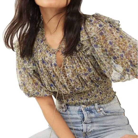 Free People Beatrice Floral-print Smocked Top In Mint Combo Size Small - Picture 2 of 12